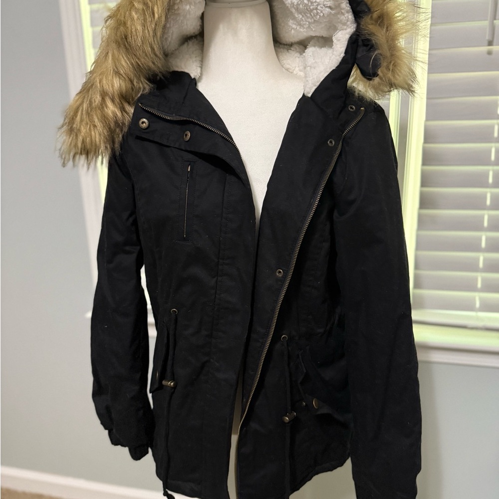 Women’s Black Parka with Removable Faux Fur Hood